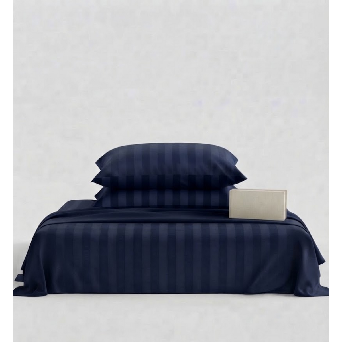 Rahat | Navy Blue Thick Satin Striped 100% Cotton Bedsheet Set, 550 Thread Count