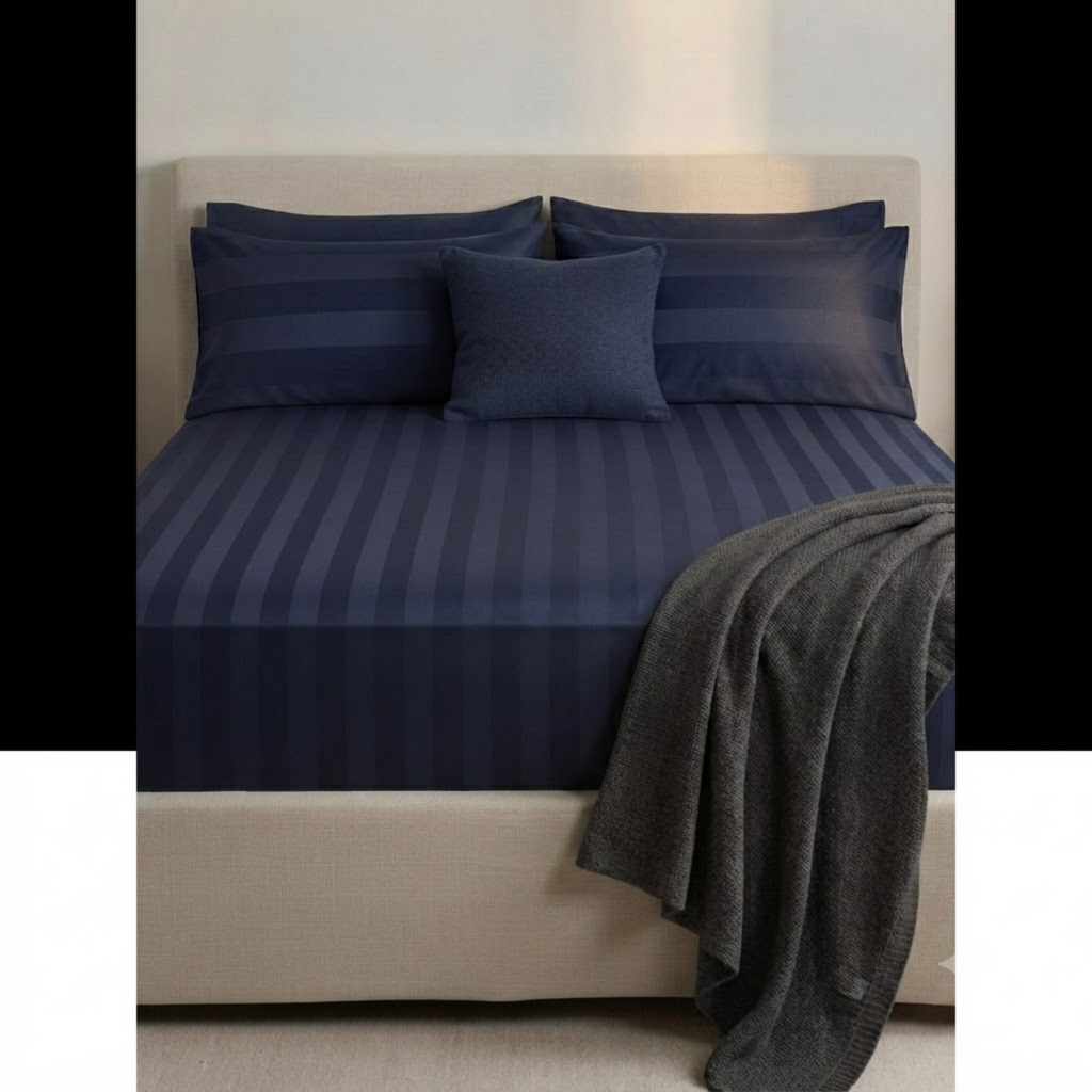 Rahat | Navy Blue Thick Satin Striped 100% Cotton Bedsheet Set, 550 Thread Count