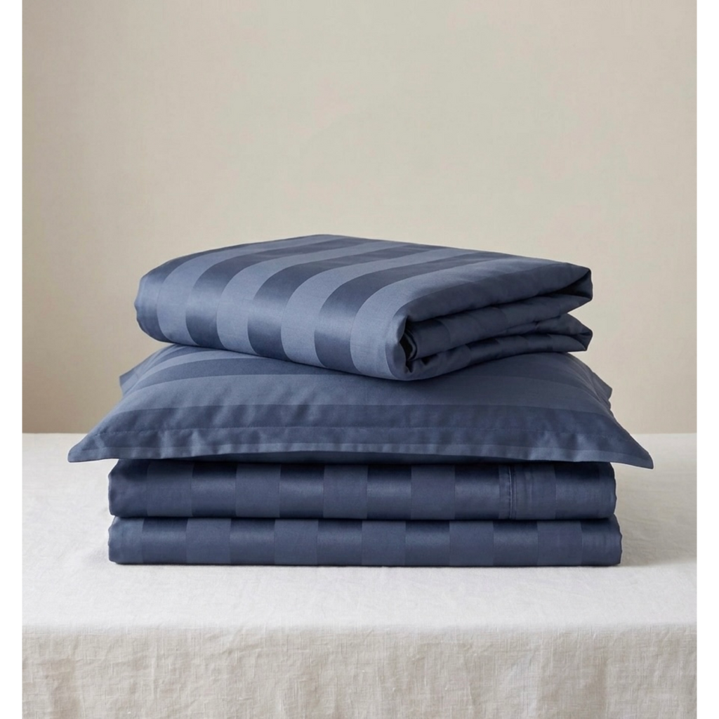 Rahat | Navy Blue Thick Satin Striped 100% Cotton Bedsheet Set, 550 Thread Count