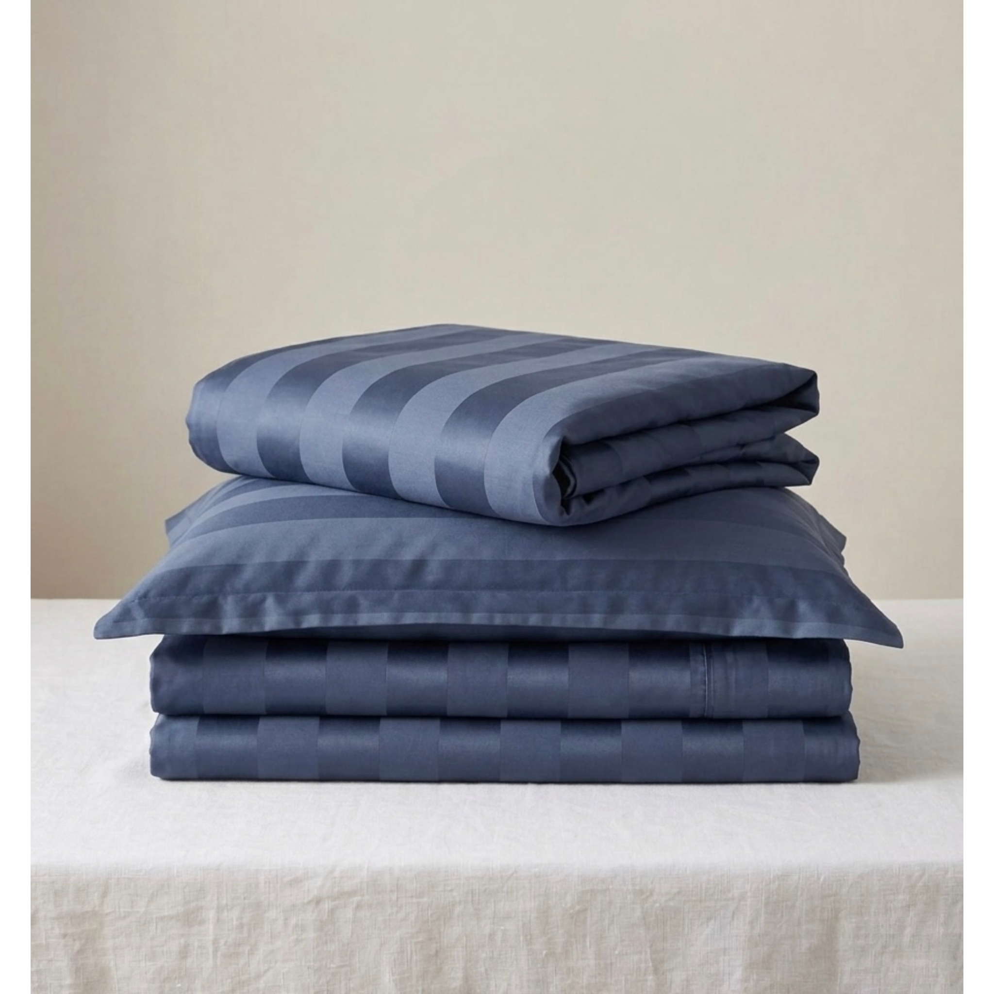 Rahat | Navy Blue Thick Satin Striped 100% Cotton Bedsheet Set, 550 Thread Count
