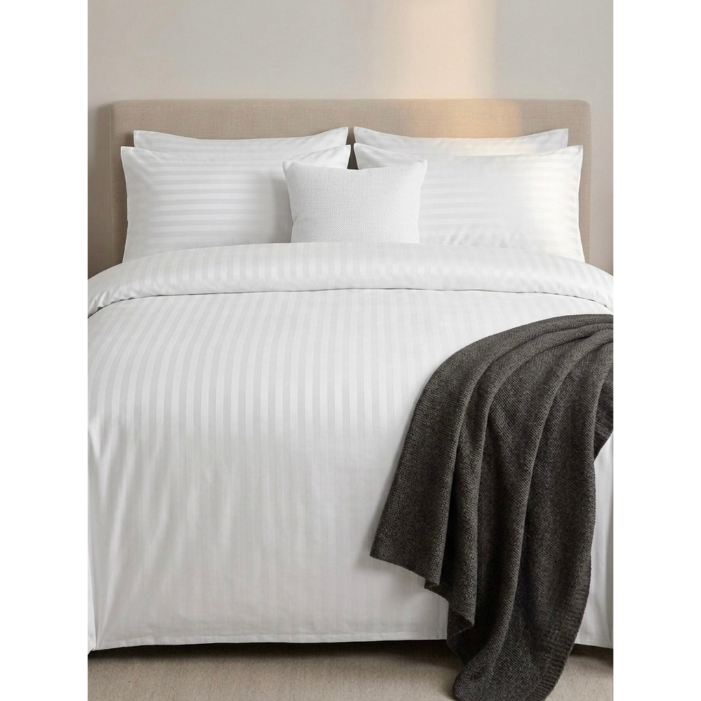 Layla | White Satin Stripe 100% Cotton Bedding Set, 400 Thread Count