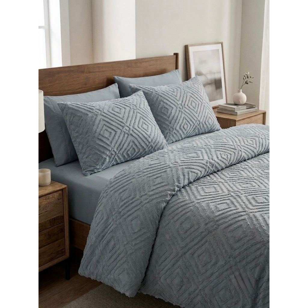 Sana | Misty Grey-Blue Tufted Diamond 100% Cotton Bedding Set, 400 Thread Count