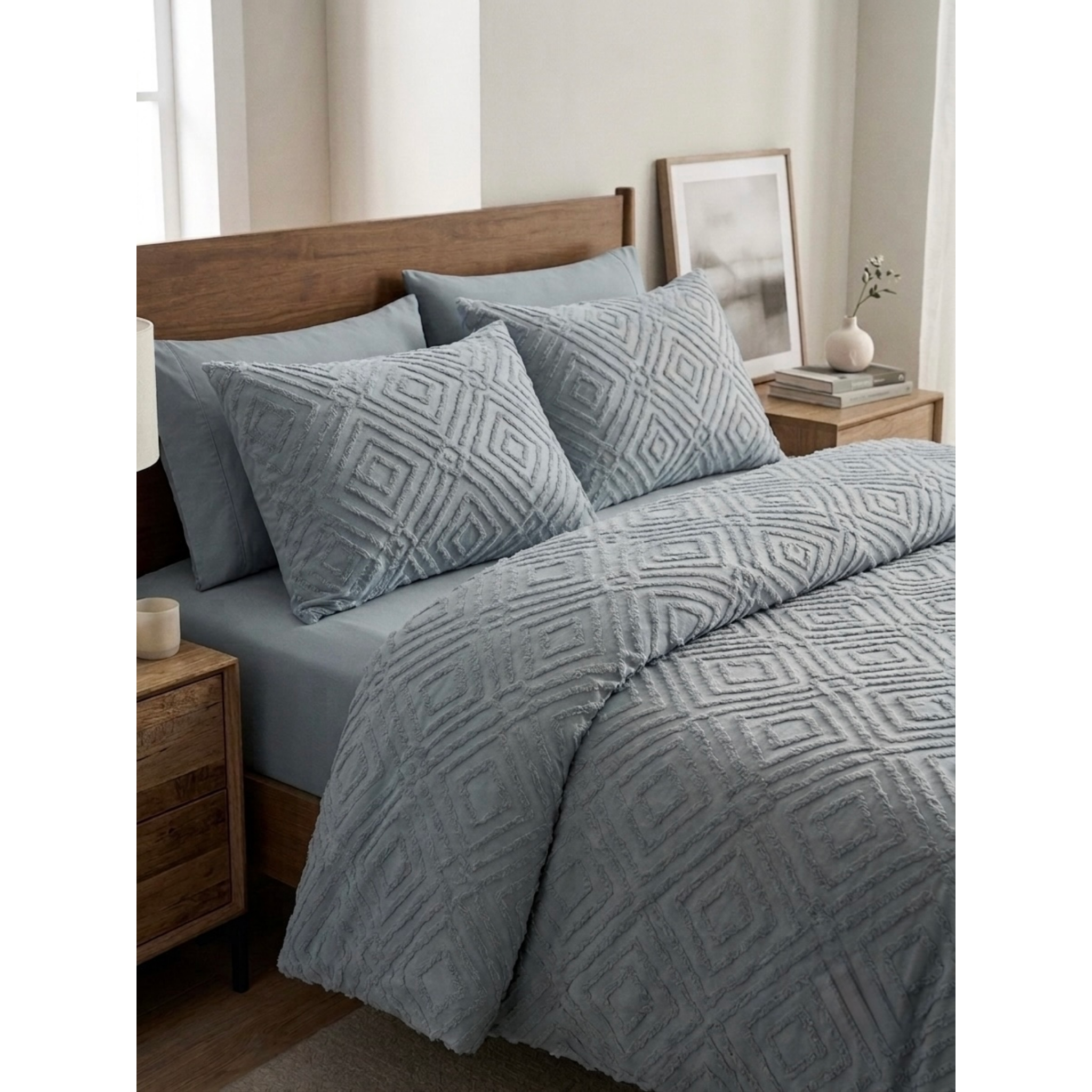 Sana | Misty Grey-Blue Tufted Diamond 100% Cotton Bedding Set, 400 Thread Count