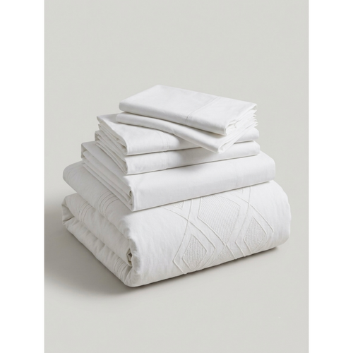 Noor | White Embroidered Diamond 100% Cotton Bedding Set, 400 Thread Count