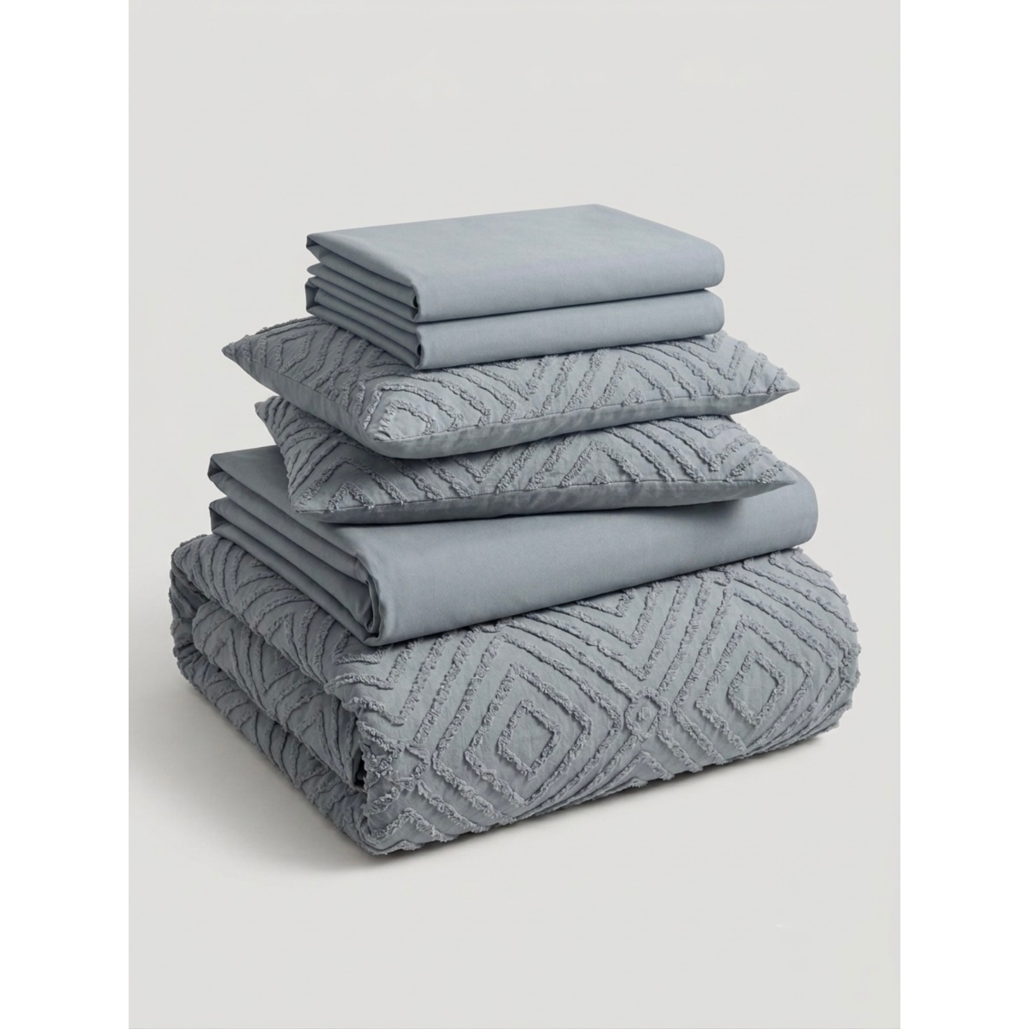 Sana | Misty Grey-Blue Tufted Diamond 100% Cotton Bedding Set, 400 Thread Count