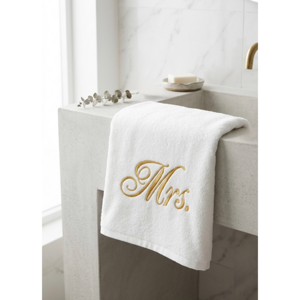 Premium White 100% Cotton "Mrs." Embroidered Towel | Luxury Bath Towel