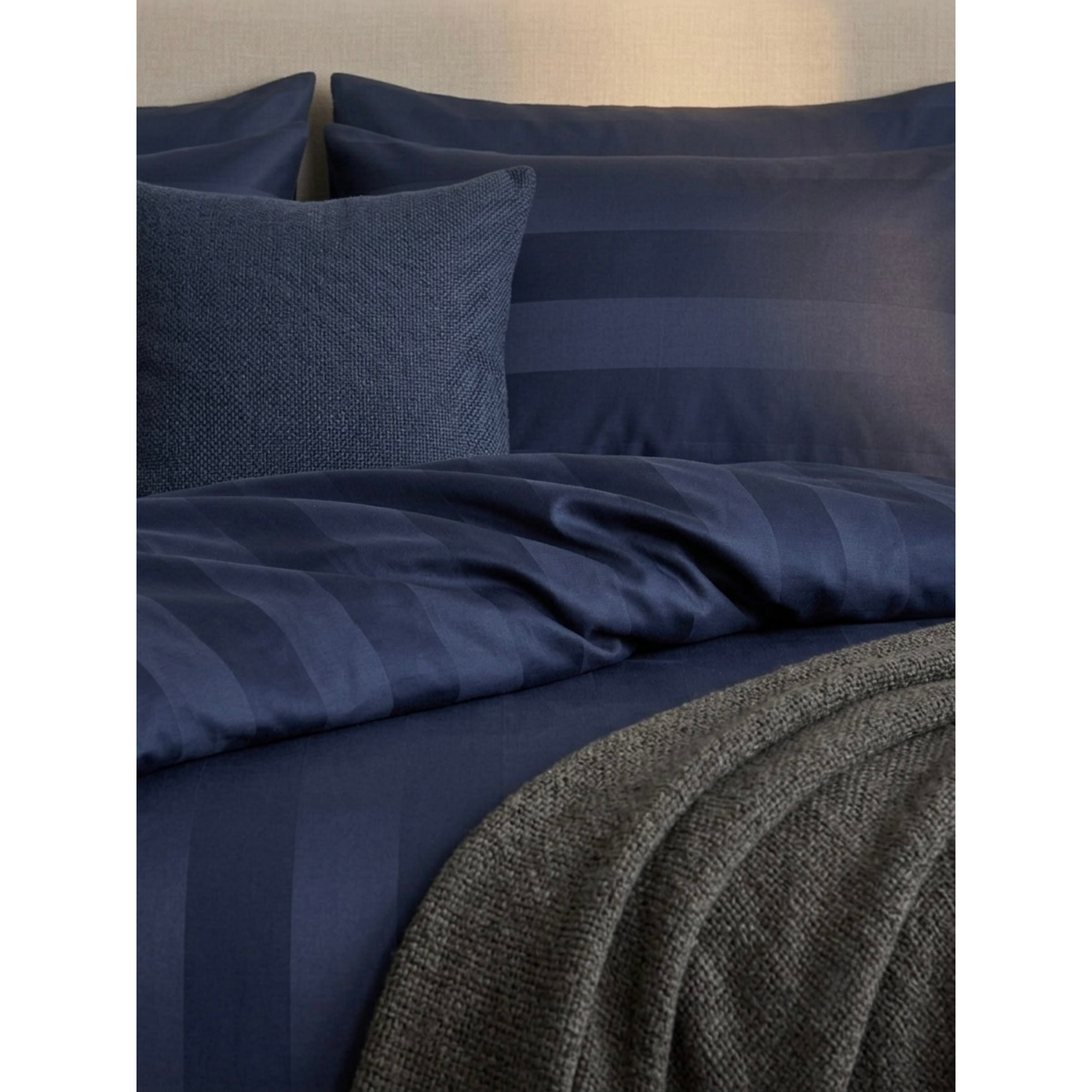 Rahat | Navy Blue Thick Satin Striped 100% Cotton Bedsheet Set, 550 Thread Count