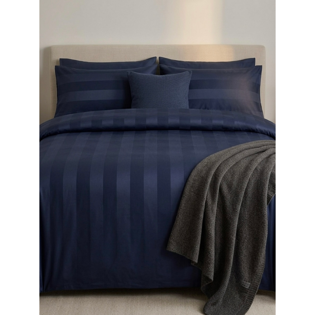 Rahat | Navy Blue Thick Satin Striped 100% Cotton Bedsheet Set, 550 Thread Count