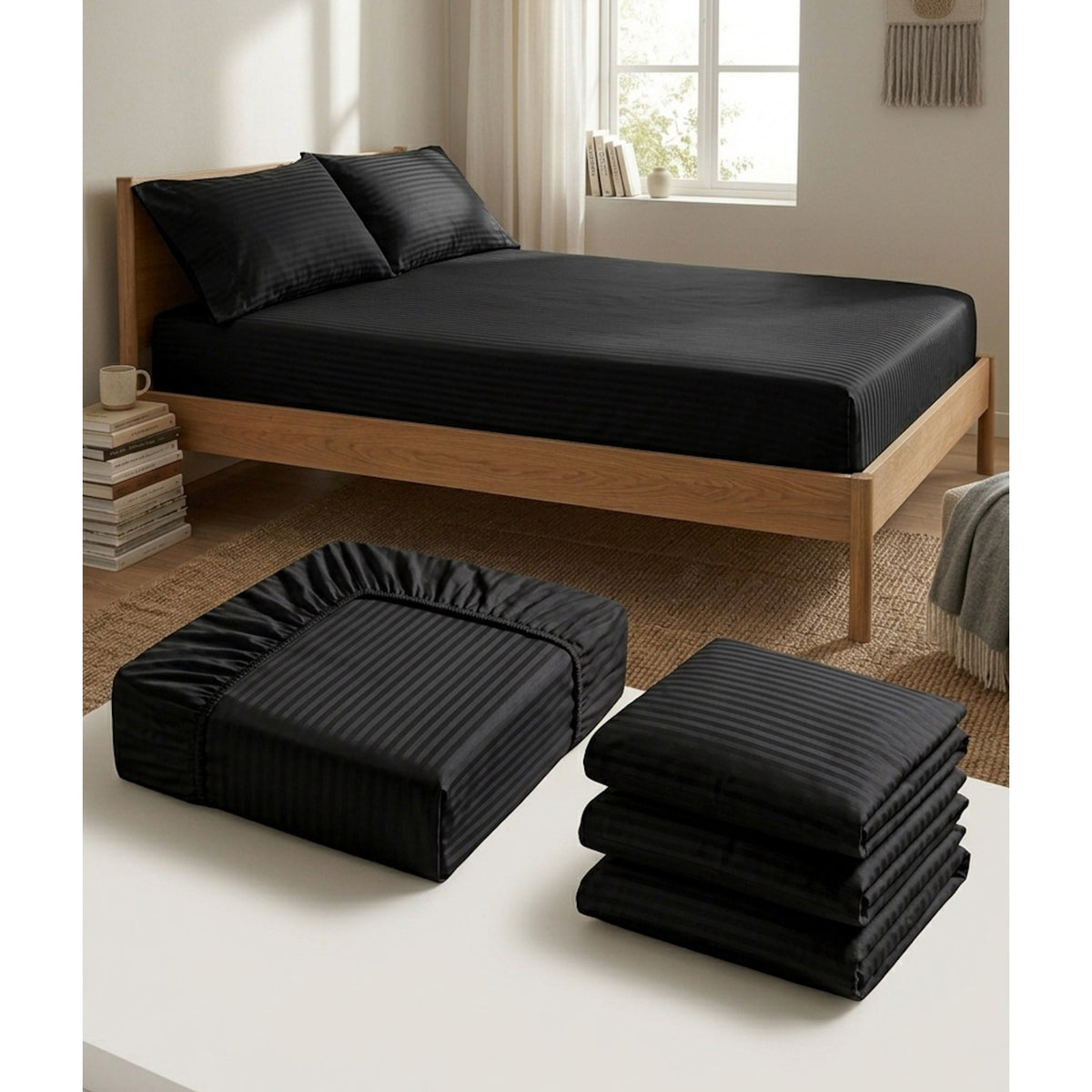 Layali | Black Striped 100% Cotton Bedsheet Set, 450 Thread Count