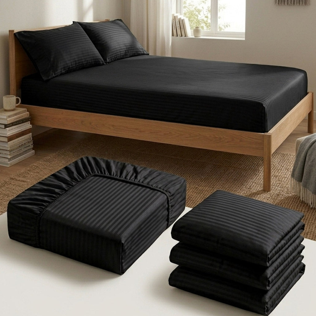 Layali | Black Striped 100% Cotton Bedsheet Set, 450 Thread Count