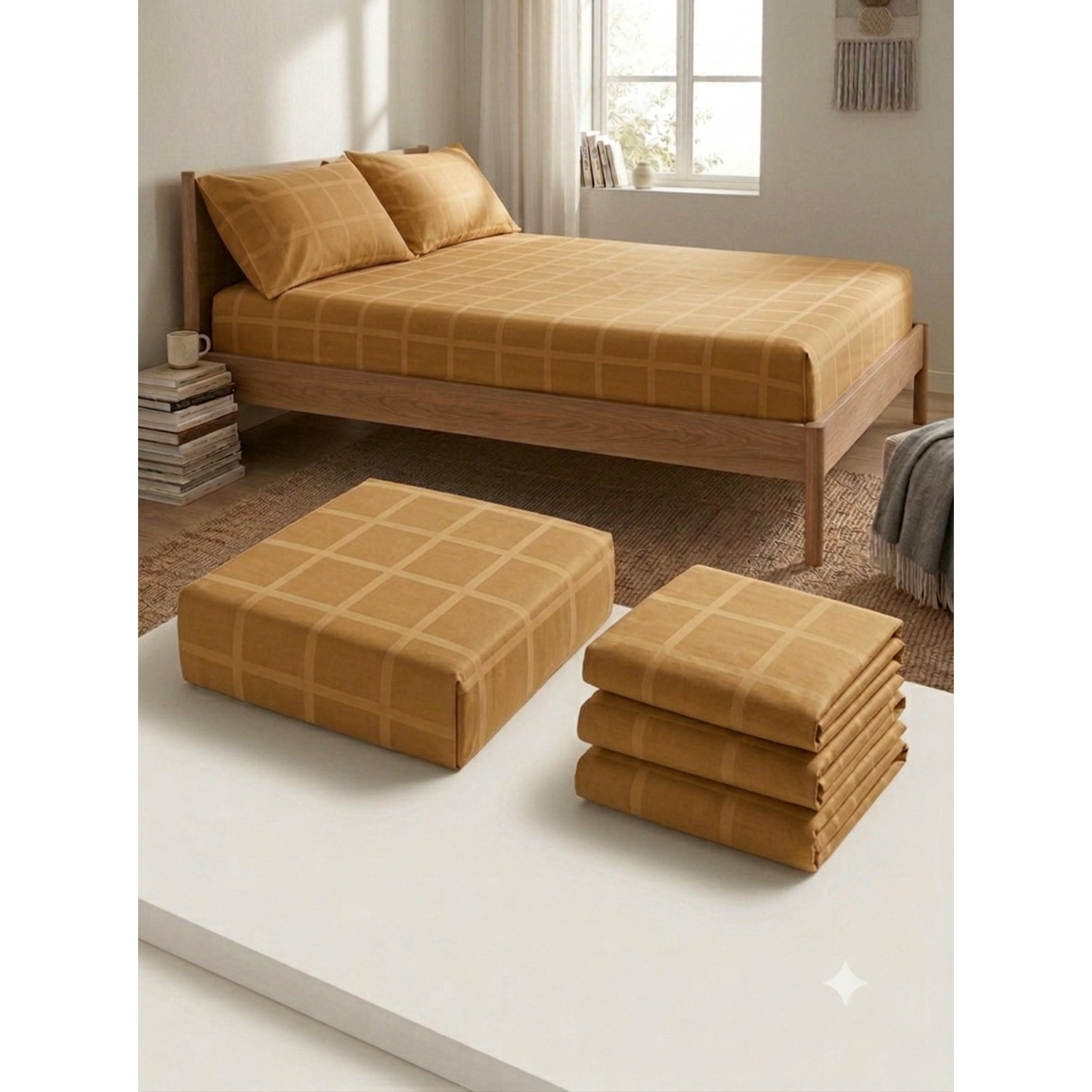 Sahra | Khaki Checkered 100% Cotton Bedsheet Set, 450 Thread Count