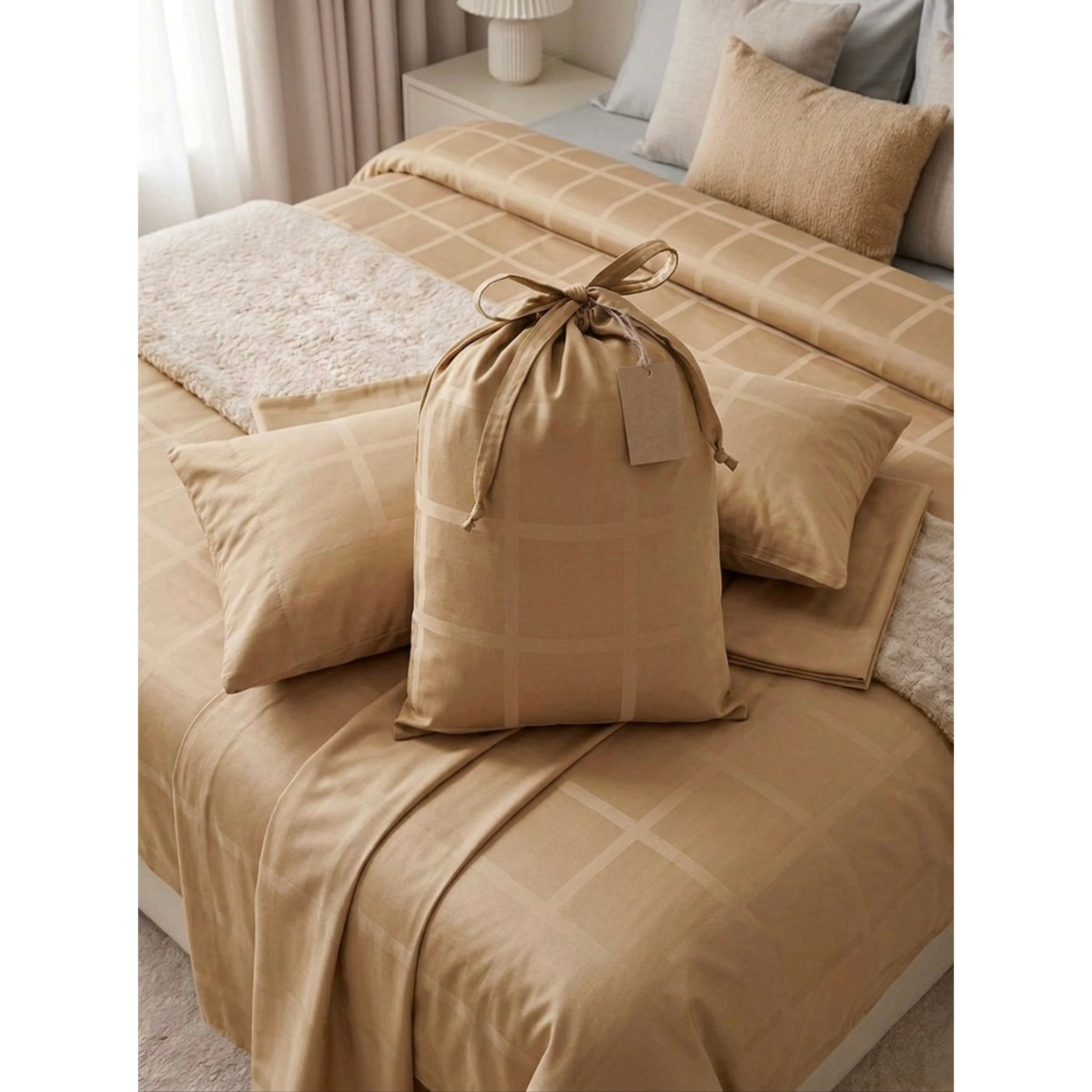 Sahra | Khaki Checkered 100% Cotton Bedsheet Set, 450 Thread Count