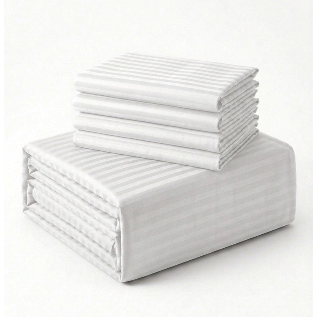 Safaa | White Striped 100% Cotton Bedsheet Set, 450 Thread Count