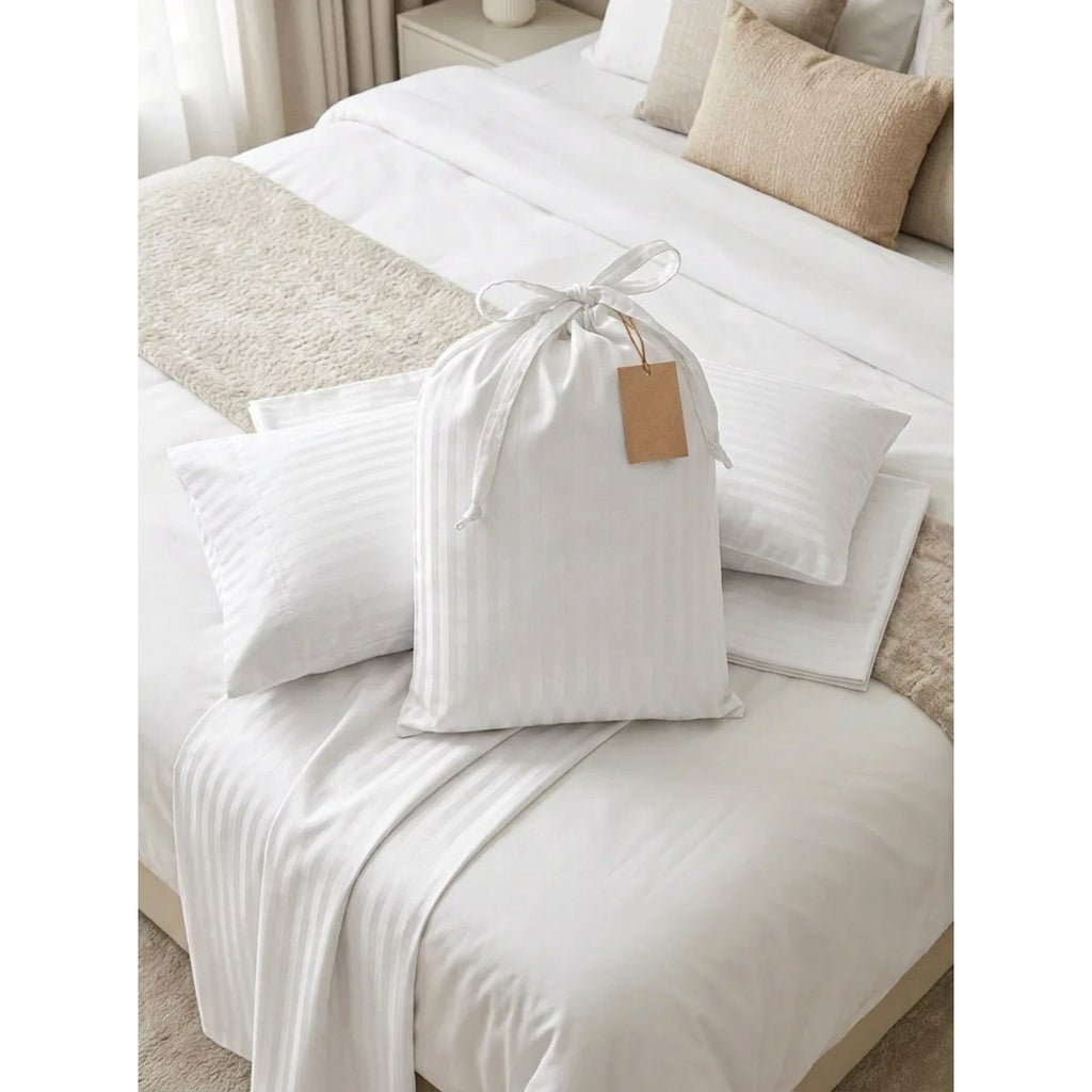 Safaa | White Striped 100% Cotton Bedsheet Set, 450 Thread Count